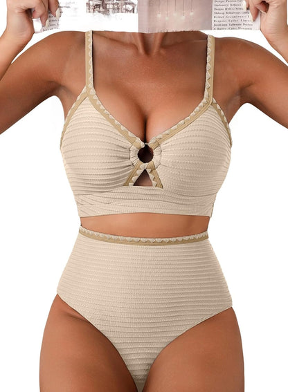 Womens Textured 2 Piece Bikini Sets O Ring High Waisted Swimsuit | Wire Free,Whip Stitch,Push Up,Full Coverage Bathing Suit,Adjustable Straps,Tummy Control,Padded,V Neck,Beach Vacation Outfit