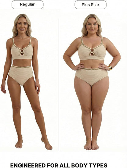 Womens Textured 2 Piece Bikini Sets O Ring High Waisted Swimsuit | Wire Free,Whip Stitch,Push Up,Full Coverage Bathing Suit,Adjustable Straps,Tummy Control,Padded,V Neck,Beach Vacation Outfit